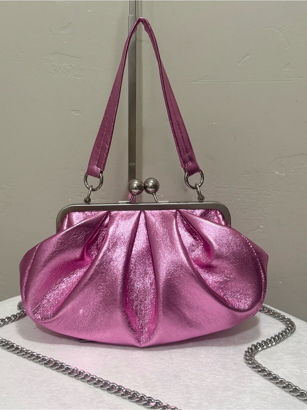 Metallic Pink Lambskin Handmade Kisslock Slouchy Bag/Clutch/Wristlet/Crossbody